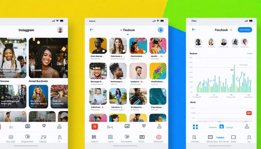 Split-screen image showing various social media platforms with business profiles displaying customer testimonials and product images on one side, alongside analytical tools and success metrics on the other, representing a balanced approach to social media strategy.