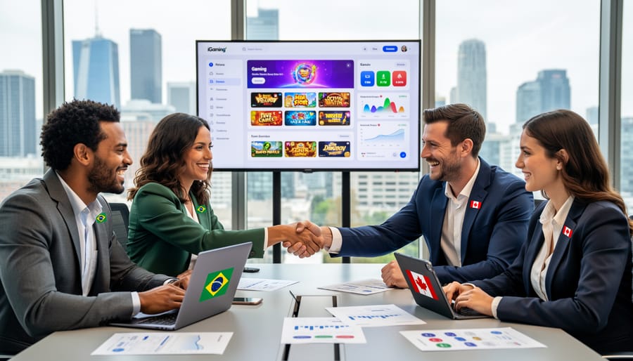 Canadian and Brazilian flags on office desk with laptop showing business data