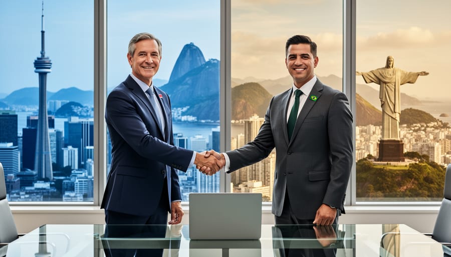 Canadian and Brazilian business professionals shaking hands at a conference table with a closed laptop, in soft daylight, with a blurred composite background of Toronto’s CN Tower and Rio de Janeiro’s mountains and Christ the Redeemer.