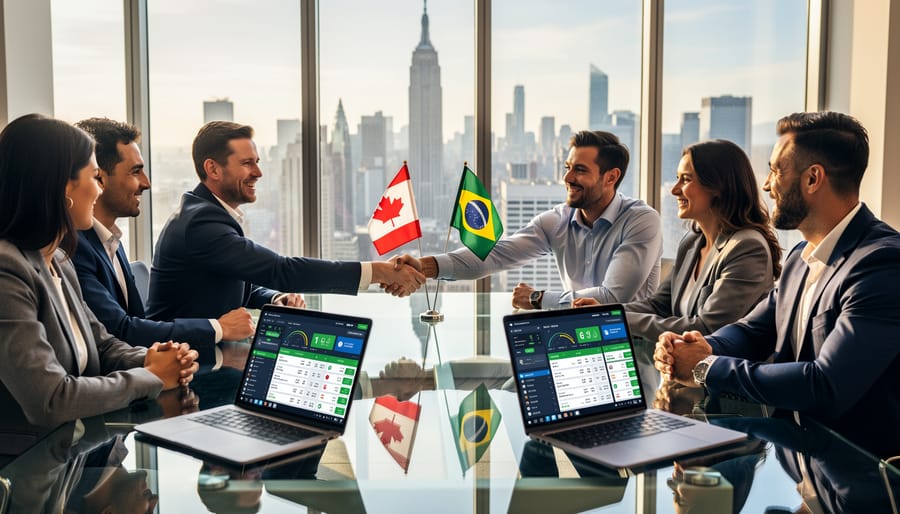 Business team in Toronto office reviewing partnership documents and digital platforms