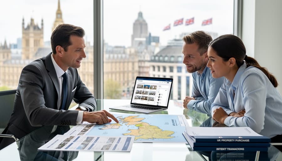 Business professionals shaking hands over UK property documents in modern office setting