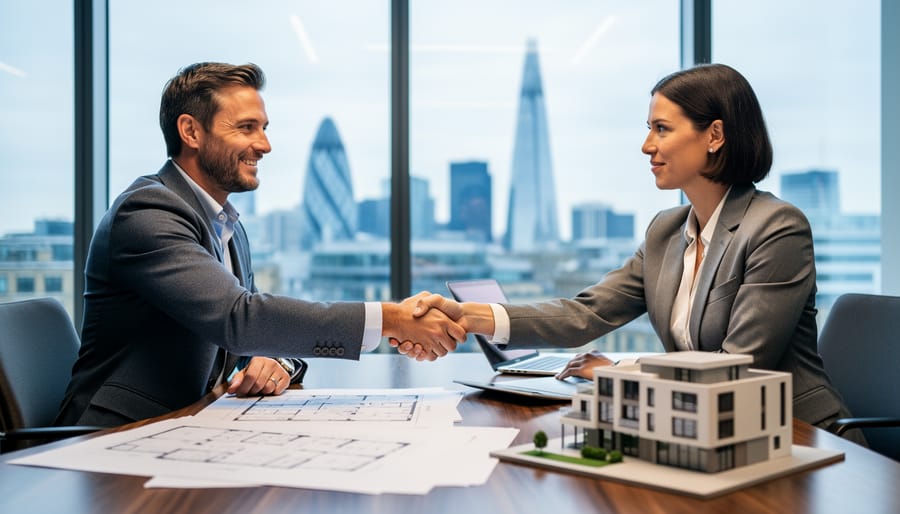 Two professionals shake hands over floor plans and a building model in a modern office, with the London skyline blurred through large windows, representing UK property acquisition support for small businesses.