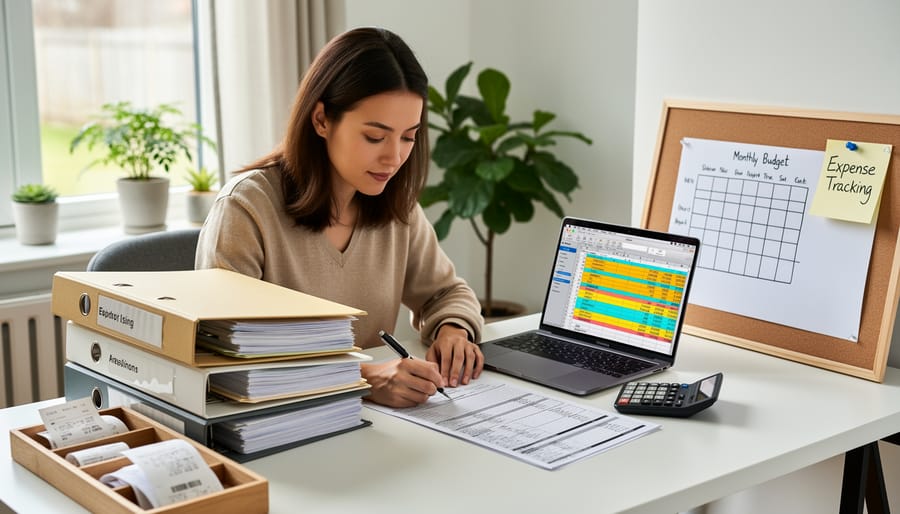Overhead view of business planning materials including planner, receipts, and calculator