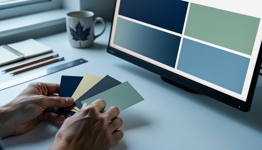 Designer’s hands arranging muted navy blue, soft gold, charcoal gray, and sage green swatch cards on a clean desk next to a monitor showing large color swatches, with soft daylight and a blurred maple-leaf mug in the background.