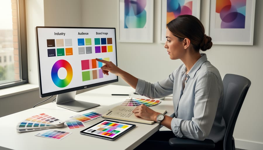 Business owner reviewing professional color palette options and design materials