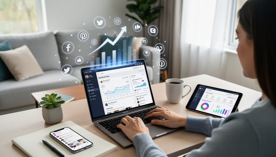 Smartphone showing social media marketing content with laptop and workspace in background