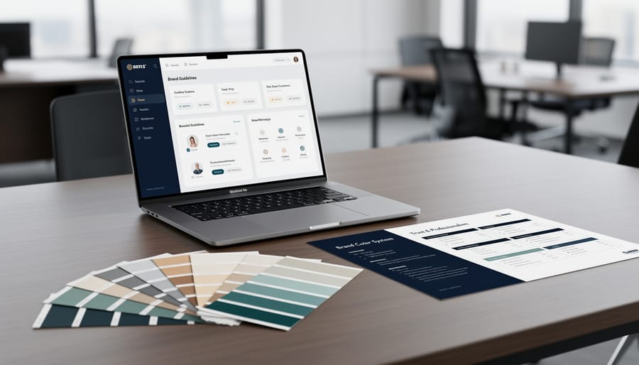 Modern workspace showing laptop with professional website design in elegant colors