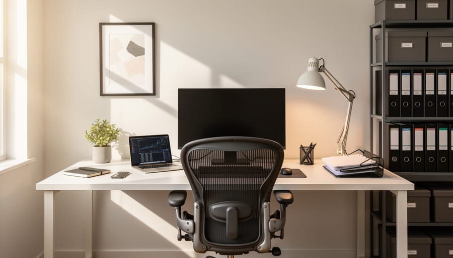 Well-organized home office desk with laptop and natural window lighting