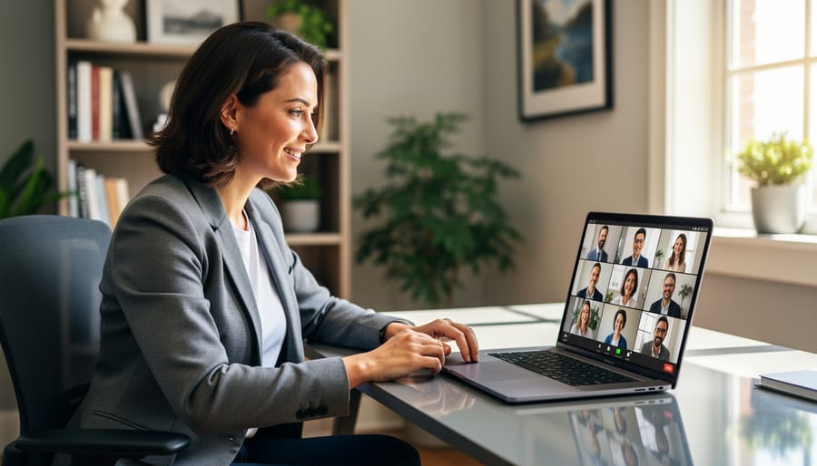 Professional woman conducting video conference call from home office