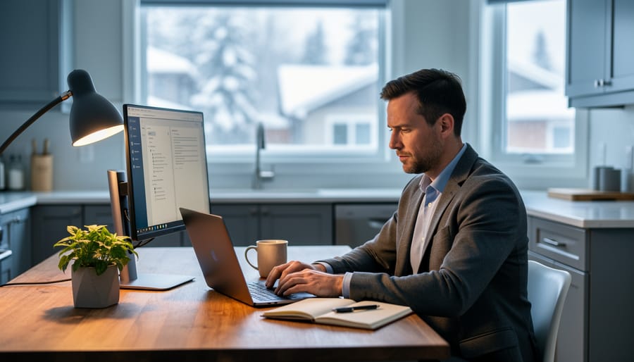 Focused entrepreneur at a tidy kitchen-table home office using a laptop and external monitor, with notebook, coffee mug, and plant, lit by soft daylight; modern kitchen and snowy neighborhood softly blurred in the background.