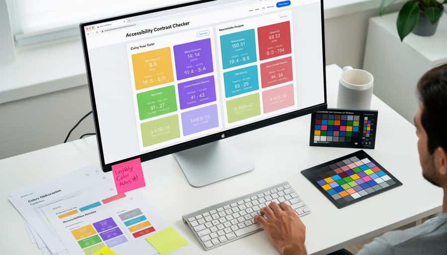 Designer testing website colors for accessibility using digital tools and color samples