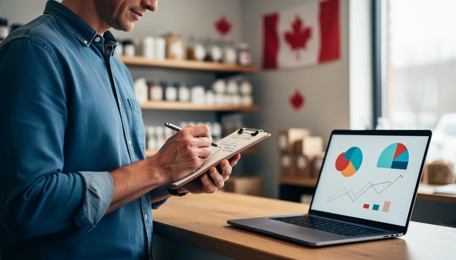 A Canadian small business owner in a storefront uses a smartphone and laptop to improve daily operations, shown with soft light and modern, practical innovation.