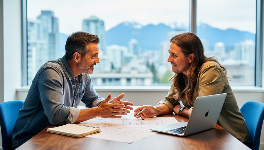 Canadian small-business owner meeting one-on-one with a client at a studio table, discussing work over sketches and a laptop, with soft natural light and a blurred Vancouver skyline and mountains in the background.