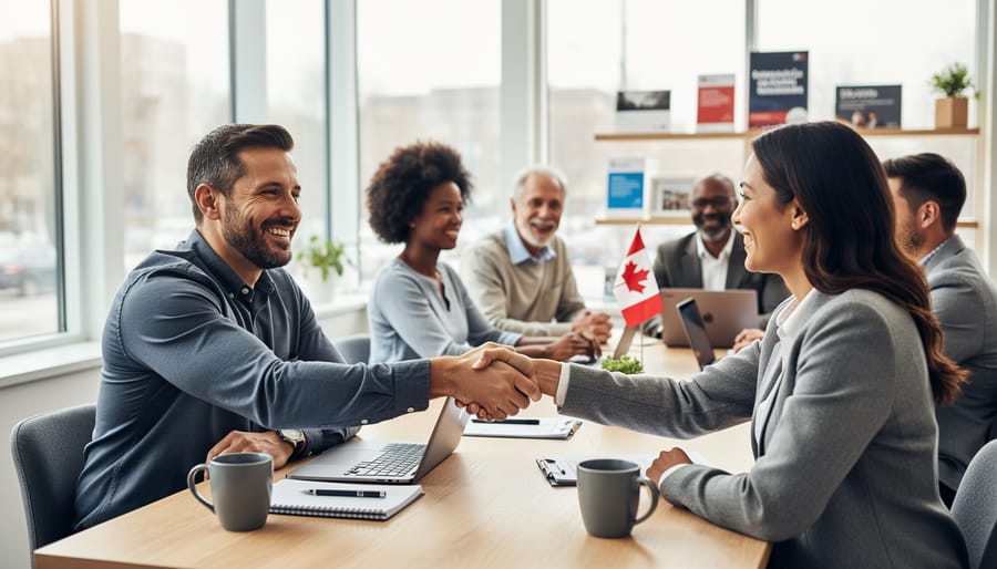 Small business owner shaking hands with client in welcoming office setting