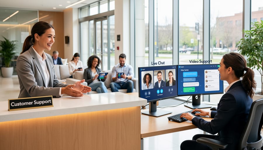 Customer support representative typing at a laptop at a retail counter with a tablet nearby.