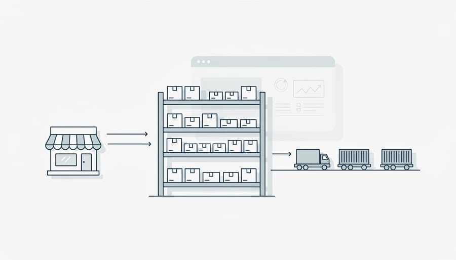 Smartphone in foreground reflecting faint icons while organized warehouse shelves and boxes sit in the background.