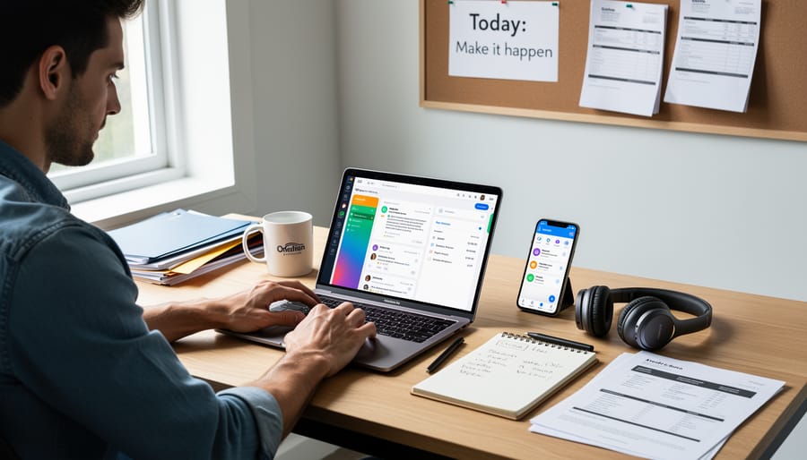 Small business owner working at a desk with a smartphone and laptop, with blurred notes in the background.