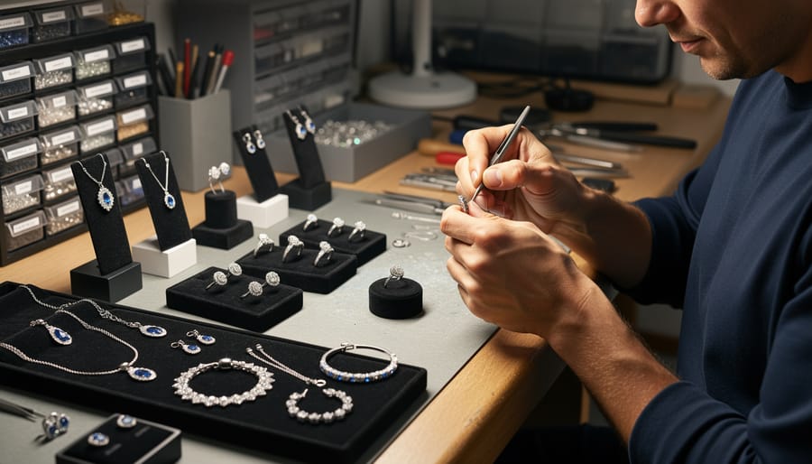 Canadian craft creator packing handmade jewelry orders in kraft boxes on a wooden workbench.