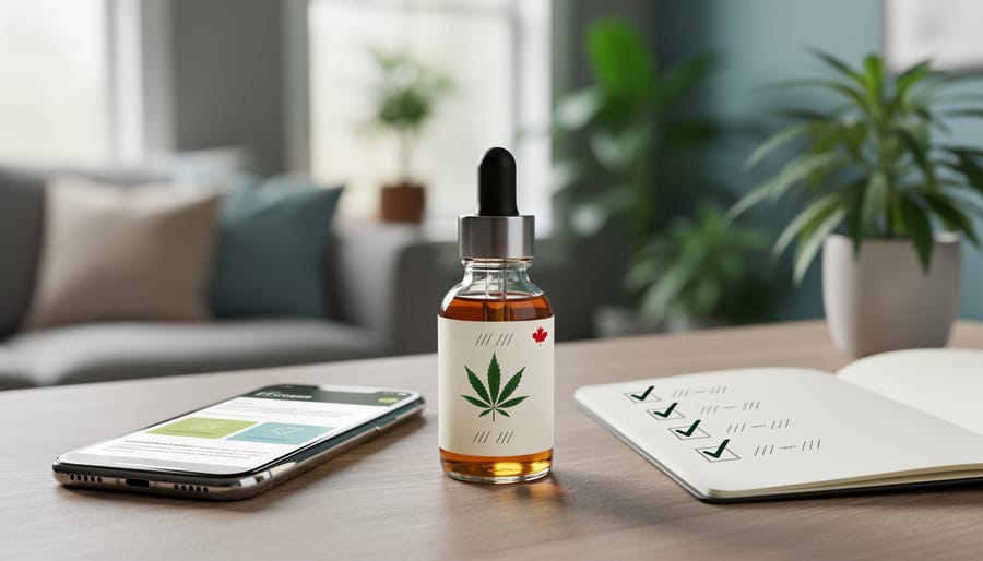 Hemp CBD dropper bottle with hemp leaves on a wooden desk, accompanied by a smartphone and notebook representing compliance-first, education-focused marketing in Canada.