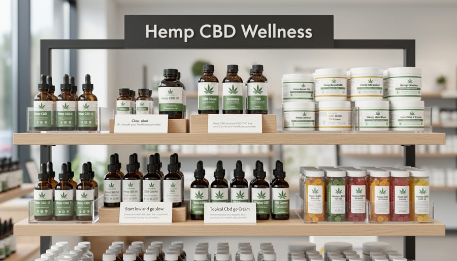 Clean retail display of hemp CBD products with informational materials and an age-verification style stand