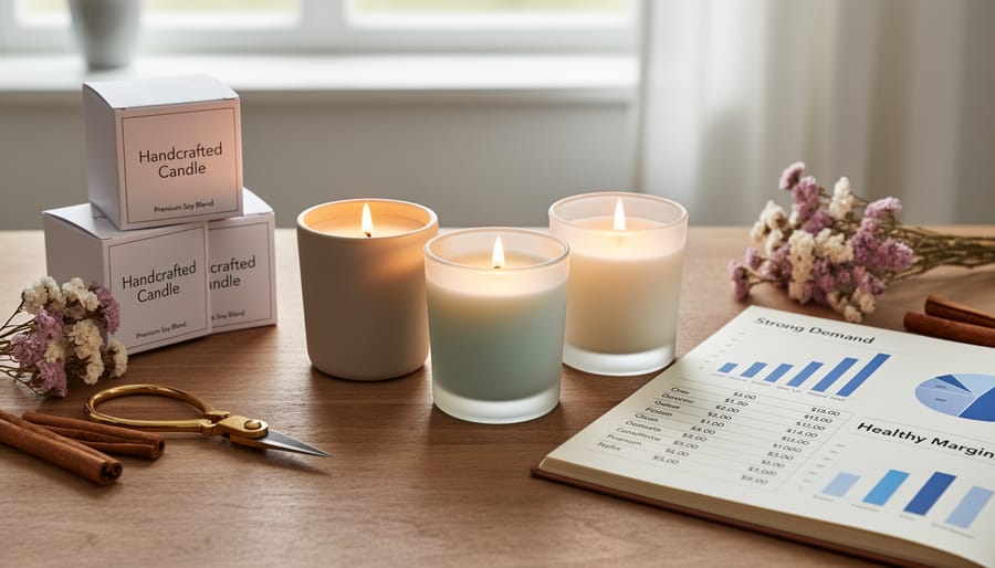 Close-up of handmade candles with visible wax texture and a softly burning wick.