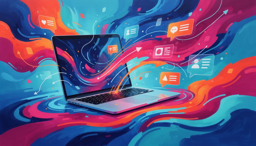 Laptop screen with abstract glowing notification activity representing automated marketing messages