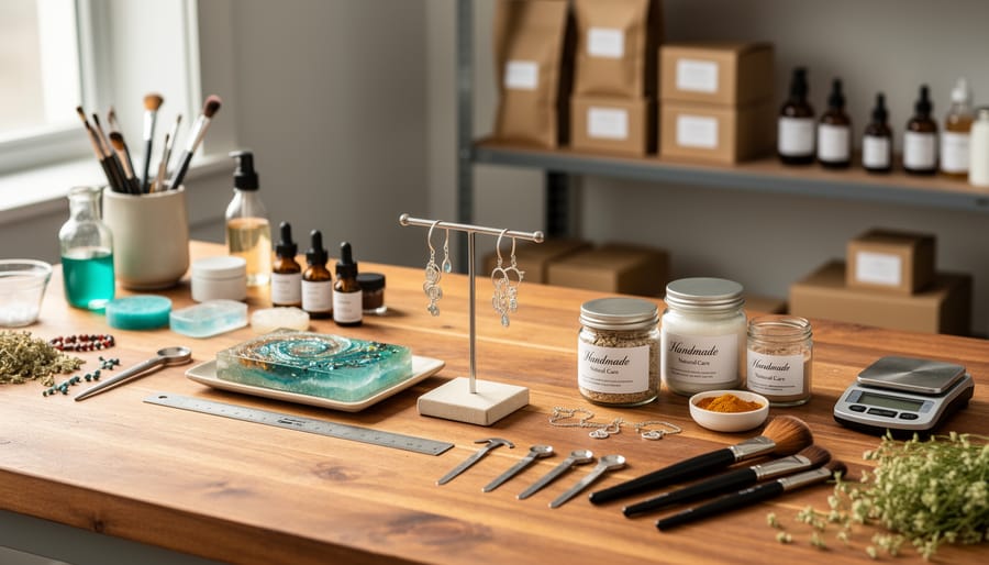 A maker’s Canadian craft workspace with handmade jewelry, a resin art piece, and bath-and-body jars on a wooden workbench under soft natural light.