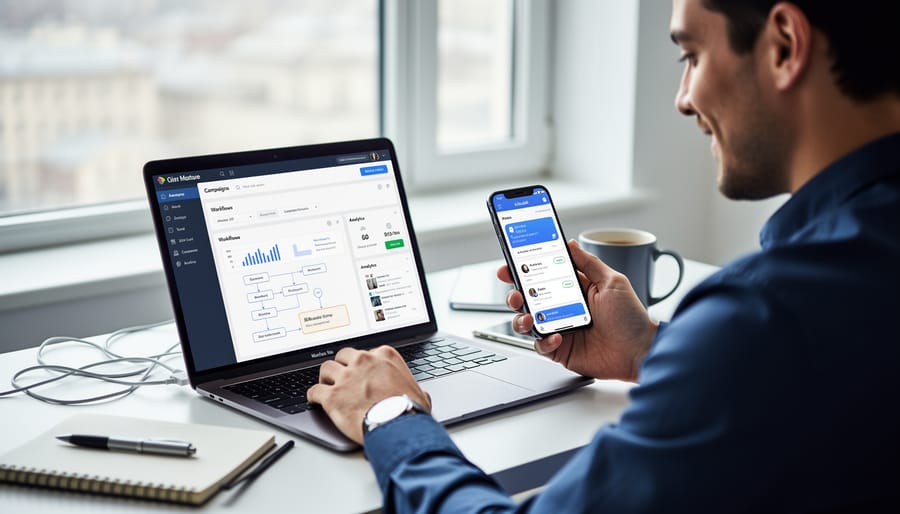 Small-business owner working at a desk with a laptop, smartphone, and notes for marketing automation planning
