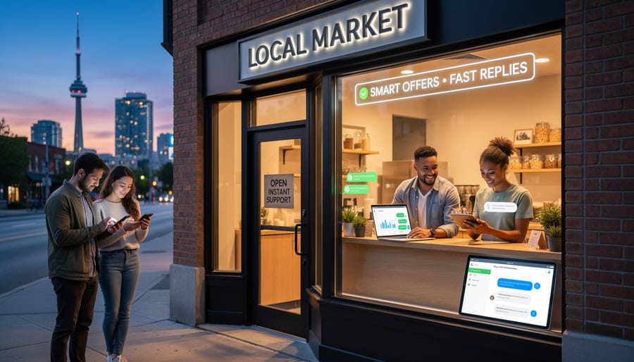 Toronto storefront at dusk with warm lights and a person preparing for customer interactions
