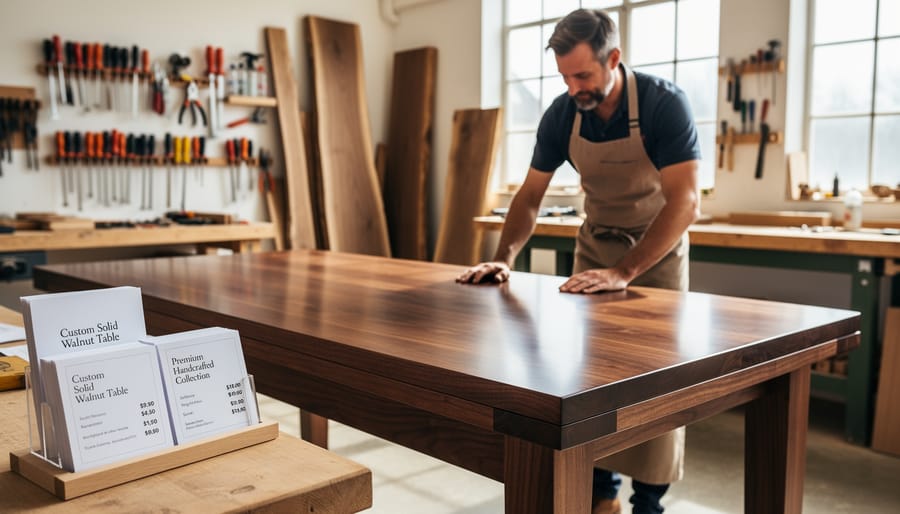 Woodworking workshop with a custom wooden cutting board and organized tools on a workbench.