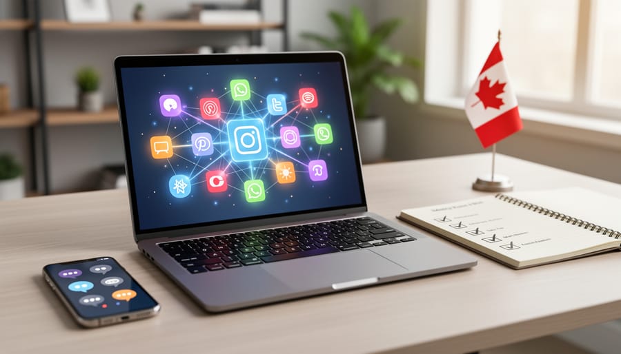 Laptop and smartphone on a small business desk with an abstract visual of connected workflows representing Zapier marketing automation.