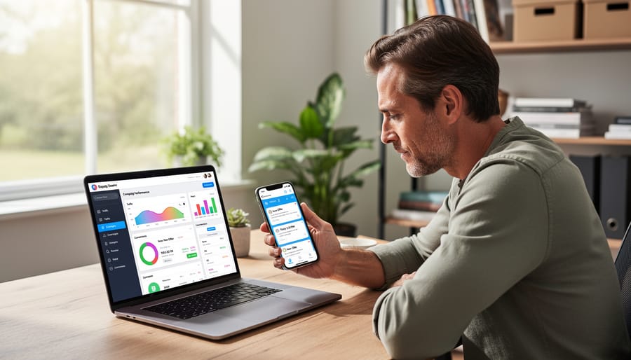 Small business owner using a smartphone and laptop to plan digital marketing in a home office.