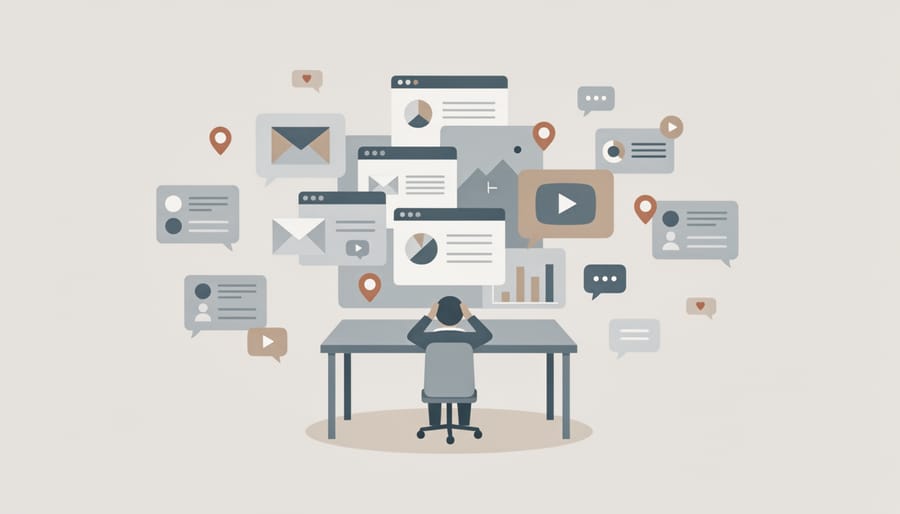 Cluttered desk with tangled cables and devices symbolizing the risk of spreading marketing efforts too thin.