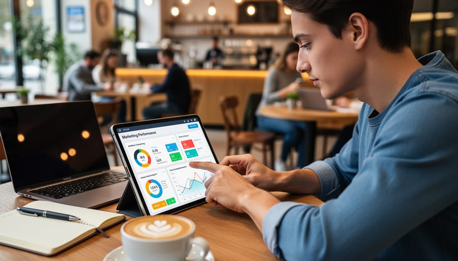 Small business owner reviewing marketing performance on a tablet with an unreadable screen in a café.