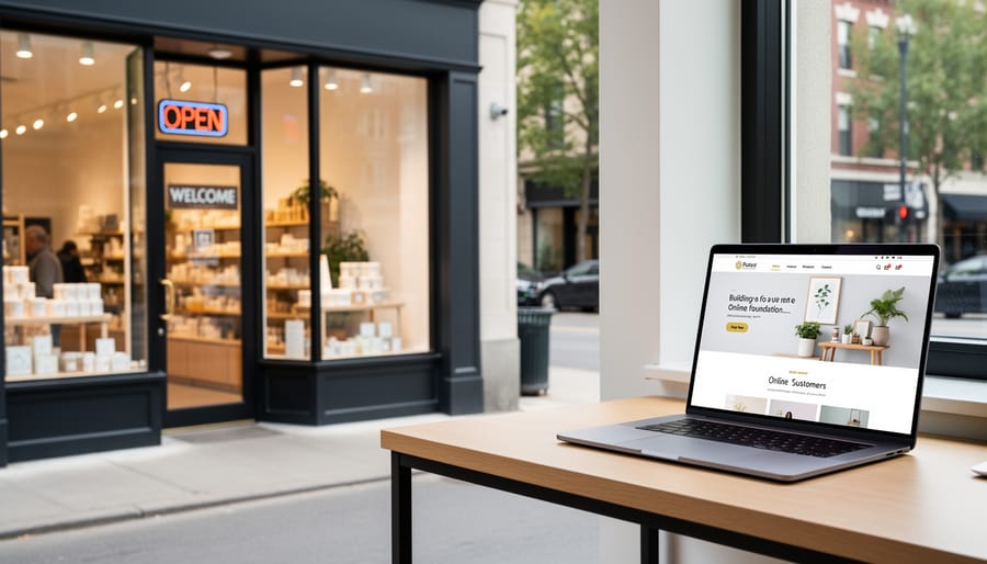 Person preparing a storefront and using a laptop, representing building an online marketing foundation.