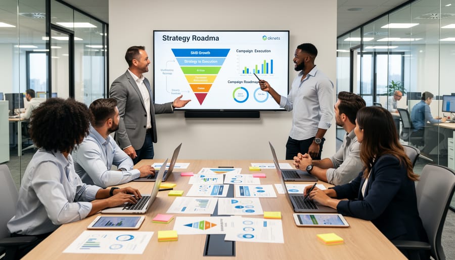Canadian B2B team collaborating in an office around a laptop and marketing planning materials