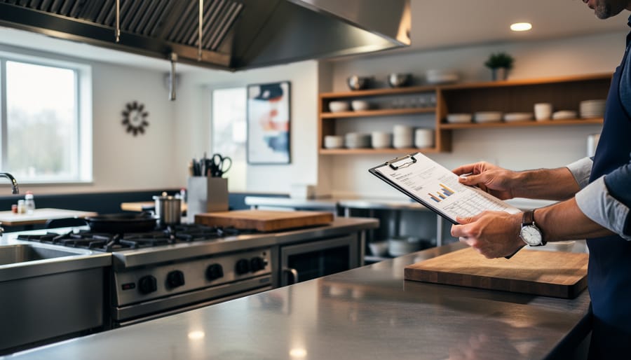 “Buyer reviewing restaurant due-diligence documents in a commercial kitchen next to stainless-steel equipment.”