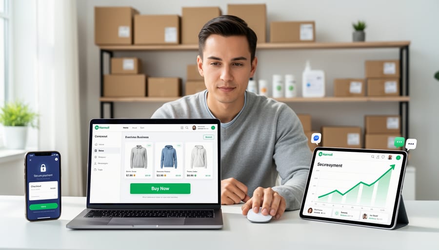 Canadian small business owner using a smartphone and laptop for online selling from a home office