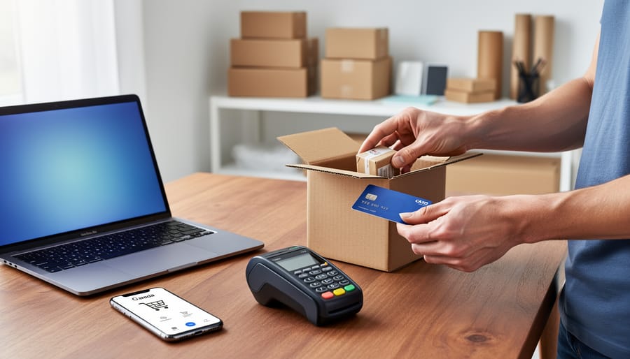 Hands packing a small parcel next to a laptop, smartphone, and payment card reader in a tidy Canadian small-business workspace.