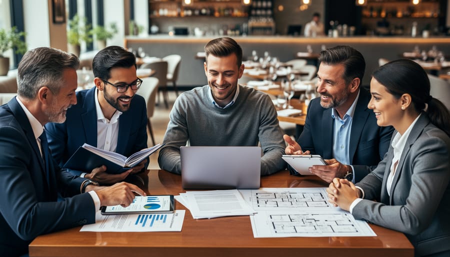 Restaurant buyer and advisors standing in a Canadian dining room with a folder, representing due diligence teamwork.