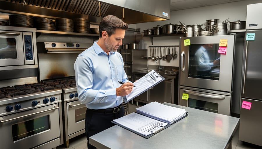 Stainless steel commercial kitchen equipment photographed during an inspection with refrigeration and cooking surfaces visible.