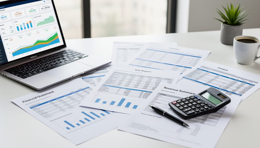Close-up of financial statements, receipts, and a calculator on a desk, representing revenue verification documents.
