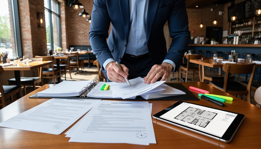Person reviewing a lease agreement inside a commercial restaurant entrance at golden hour.