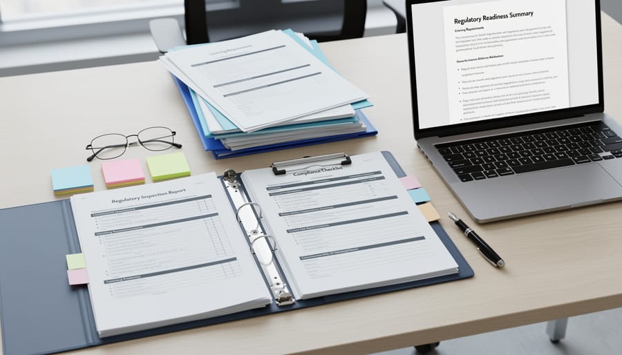 Clipboard with inspection materials and compliance folder beside unlabeled food and liquor items.