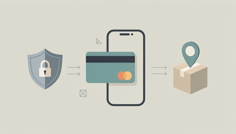 Close-up of a credit card and smartphone next to shipping materials representing secure digital payments