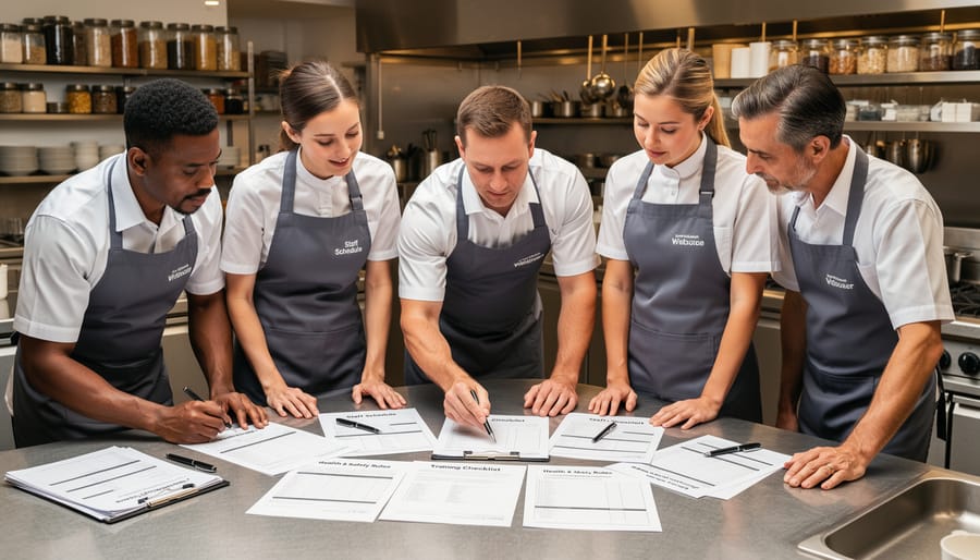 Restaurant team reviewing paper documents in the kitchen prep area, symbolizing labour obligations and contracts.