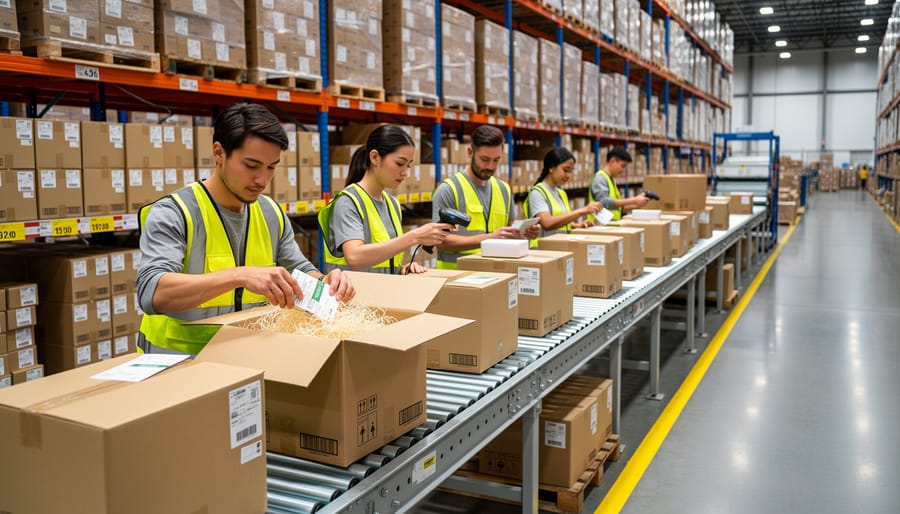 Warehouse worker placing a parcel into a stack of boxes for order fulfillment