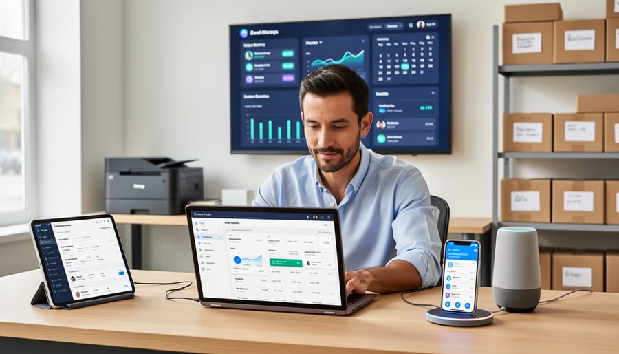 Small business owner using a smartphone and laptop to manage operations