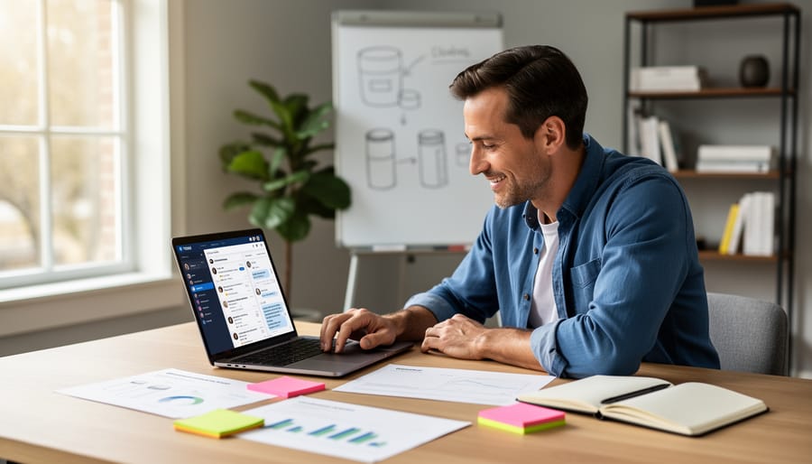 Small business owner reviewing product notes beside shipping materials in a home office