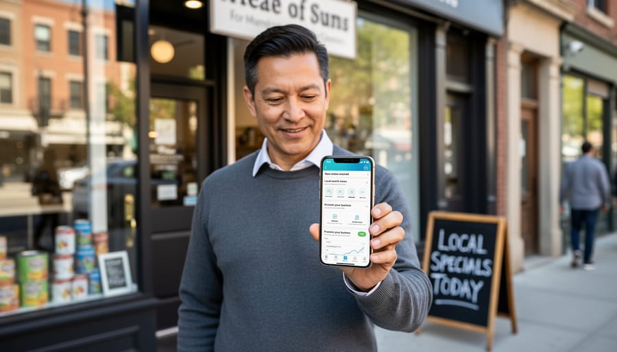 Small business owner using a smartphone at a storefront to manage local online presence